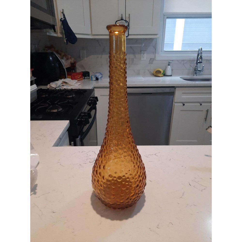 Vintage Empoli Bottle Amber Italian Glass Genie Decanter Hobnail 15” Tall